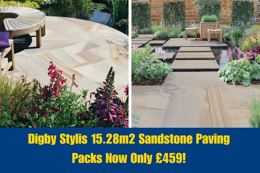 Two nice patios featuring Digby Stylis sandstone paving